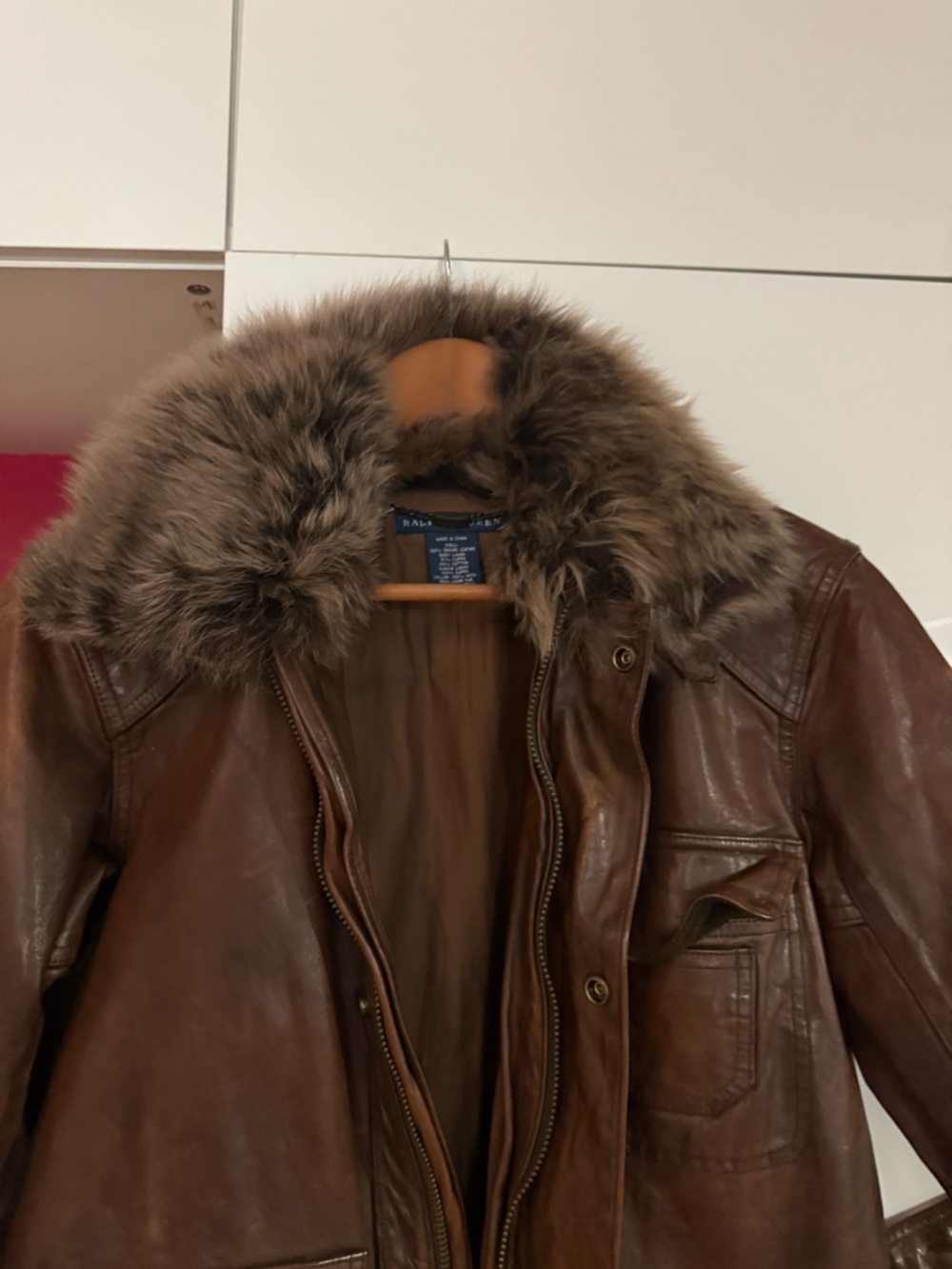 Ralph Lauren Brown REAL Leather Coat with Fur Collar - Picture 2 of 4